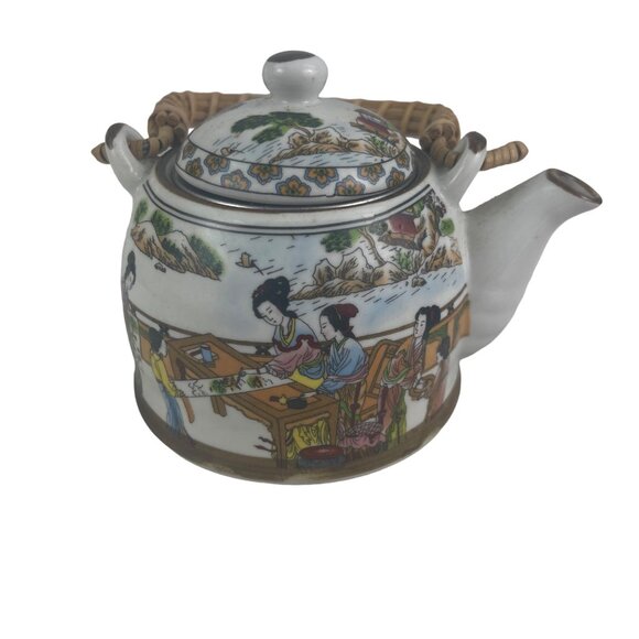Vintage Hand-Painted Porcelain Teapot With Wicker Handle & Lid - Picture 5 of 8
